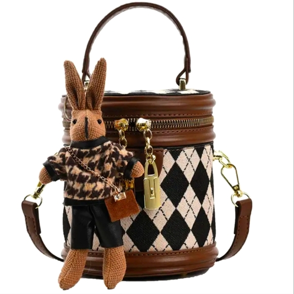 Mini Bucket Bag Brown & White Argyle Crossbody Small Bag - Picture 1 of 4